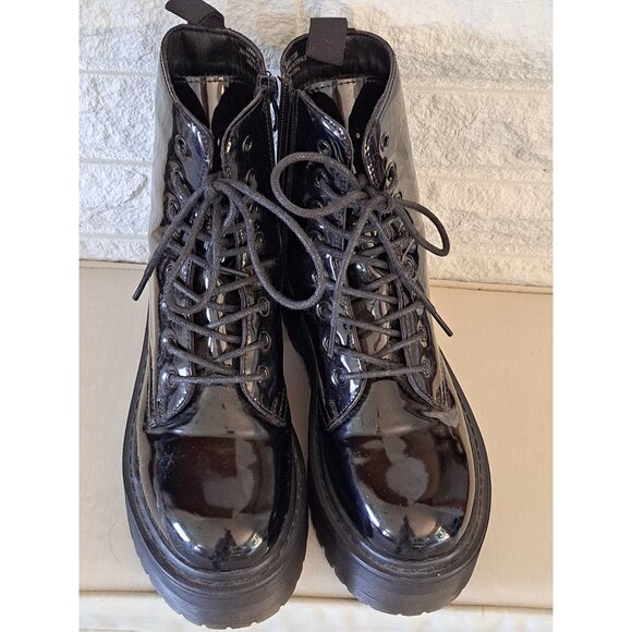 Gothic Platform Combat Patent Lace-Up Platform Boots Black Womens 7.5 Chunky - Picture 4 of 10